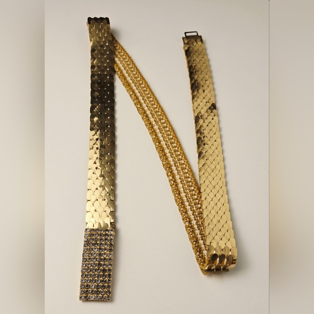 80s Vintage Gold Metal Mesh Belt w/ Rhinestone Buckle Disco Glam - Picture 4 of 12